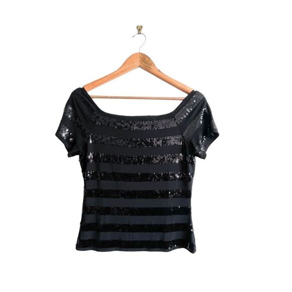 Frank Lyman Sequin Top Black Stretchy Stripes Short-Sleeved Women's 8 - Picture 1 of 8